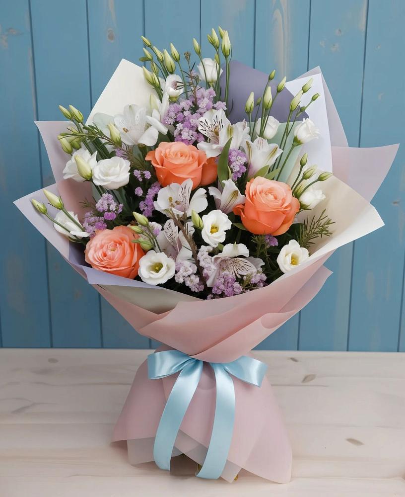 Букет Утренняя свежесть в Вятских Полянах Букет цветов из: Лизиантусы, Розы, Альстромерии и Гипсофила в Вятских Полянах