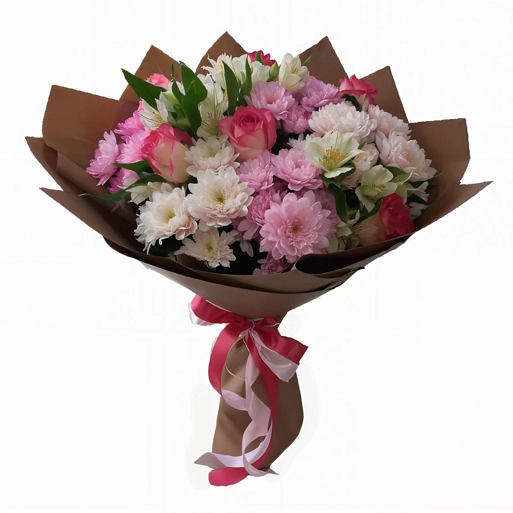Букет Розовое очарование в Вятских Полянах Букет цветов из: Хризантемы, Альстромерии и Розы в Вятских Полянах